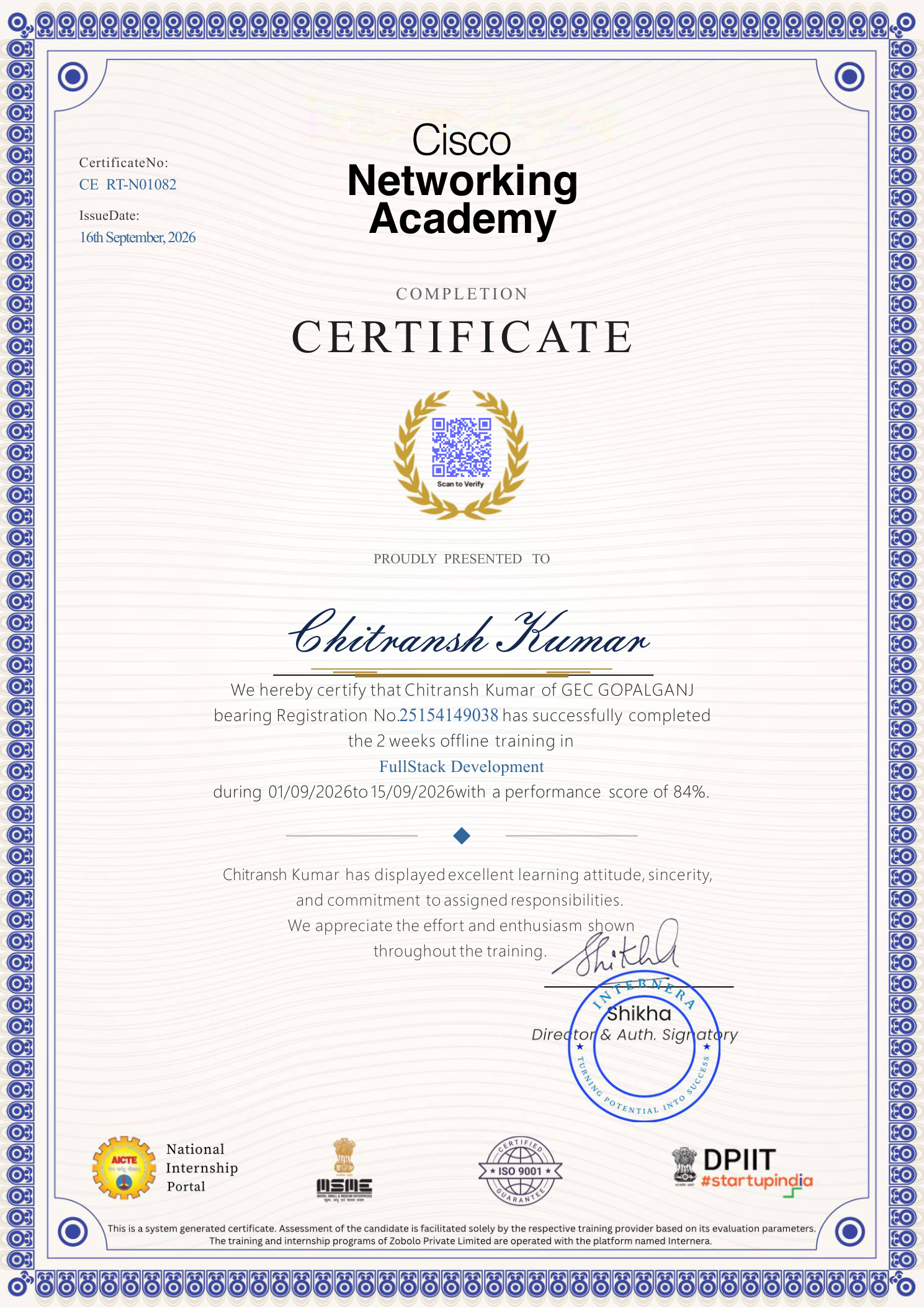 Cisco Networking Academy FullStack Development Training Certificate for Chitransh Kumar, CERT-N01082, issued 16th September 2026
